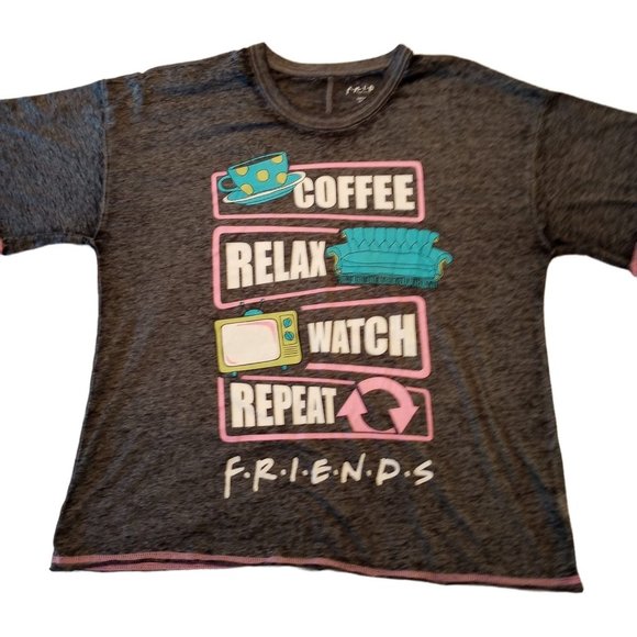 FRIENDS "Coffee Relax Watch Repeat" Dark Gray Ladies T-Shirt Size MEDIUM - Picture 1 of 3